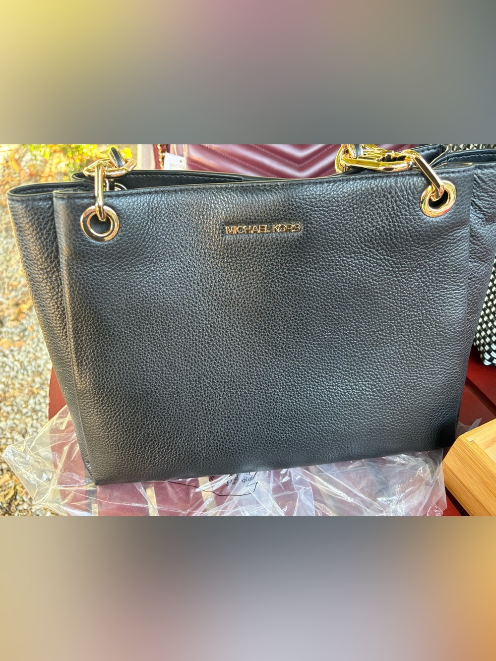 Michael Kors Black Pebbled Leather Tote with Gold Accents